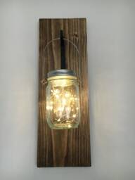 Hanging Wooden Lantern Mason Jar With Fairy Lights - Rustic Home Decor Festive Xmas Christmas - thumbnail 1