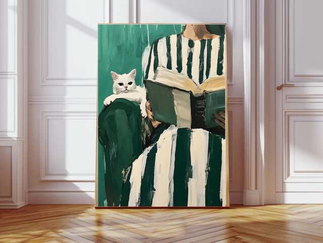 Emerald Green Reading Woman Wall Art, Minimalist Abstract Portrait, Cozy Contemporary, Cat Art Print, Portrait Book Female - image 1