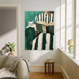 Emerald Green Reading Woman Wall Art, Minimalist Abstract Portrait, Cozy Contemporary, Cat Art Print, Portrait Book Female - thumbnail 2