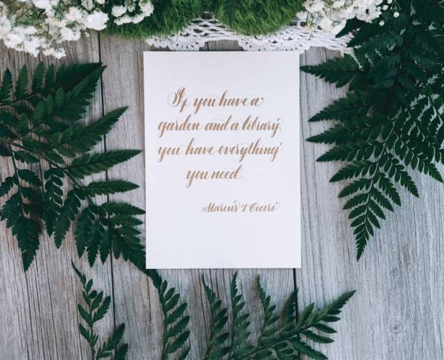 Marcus Cicero Quote Art Print Garden & Library, Gold Calligraphy - 5x7 - image 1