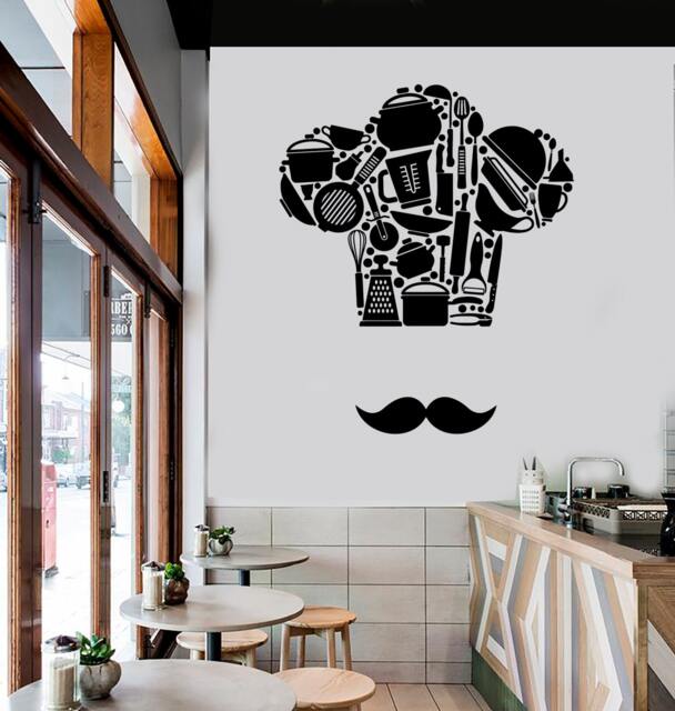 Wall Vinyl Decal Kitchen Cooking Chef French Hat & Mustache Pots Pans Cool Decor For Restaurants - #1042Di - image 1