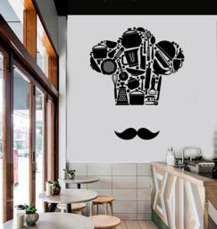 Wall Vinyl Decal Kitchen Cooking Chef French Hat & Mustache Pots Pans Cool Decor For Restaurants - #1042Di - thumbnail 1