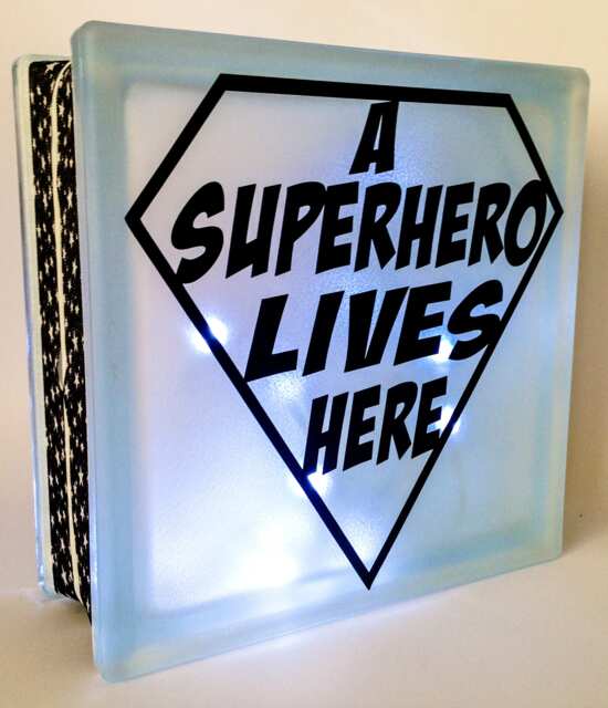 A Superhero Lives Here Nightlight Cube, Glass Light Block, Personalised Or Personalized Keepsake Gift - image 1