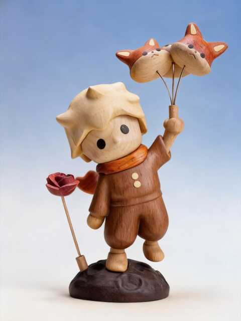Handmade Wooden Little Prince Figurine With Detachable Fox Balloon & Rose, Prince Ornaments, Children's Day Gift, Cute Nursery Decor - image 1
