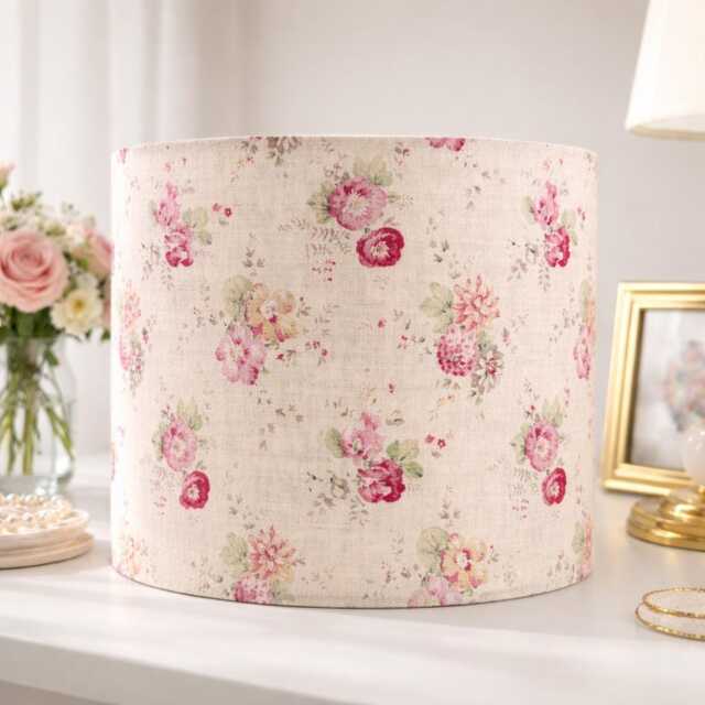 Handmade Floral Linen Drum Lampshade Roses & Sweet Peas On Cream Fabric - image 1