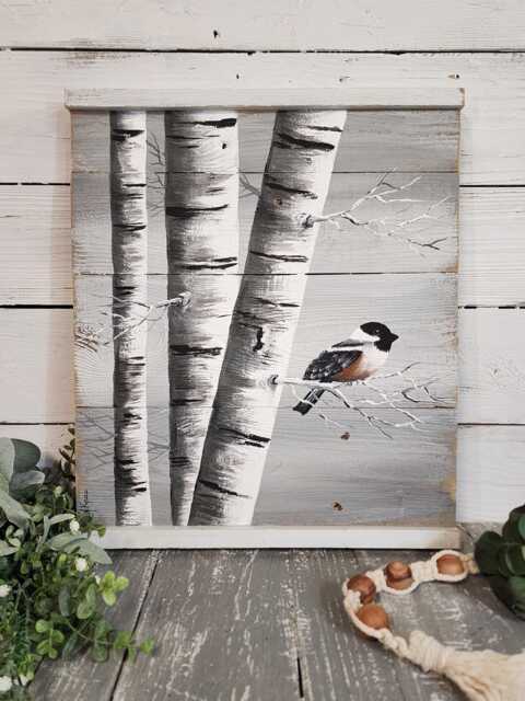 White Birch Painting, Painting On Wood, Reclaimed Wood Wall Art, Hand Painted Birch, Distressed, Decor, Chickadee, Gray Decor - image 1