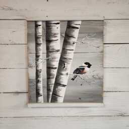 White Birch Painting, Painting On Wood, Reclaimed Wood Wall Art, Hand Painted Birch, Distressed, Decor, Chickadee, Gray Decor - thumbnail 2