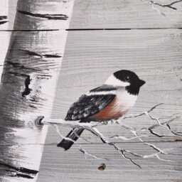 White Birch Painting, Painting On Wood, Reclaimed Wood Wall Art, Hand Painted Birch, Distressed, Decor, Chickadee, Gray Decor - thumbnail 3