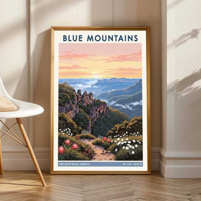 Blue Mountains Three Sisters Art Print Australian Landscape Gouache Painting - image 1