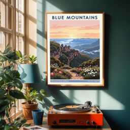 Blue Mountains Three Sisters Art Print Australian Landscape Gouache Painting - thumbnail 2