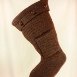 Christmas Stocking Felted Wool Brown Ribbed Knit Faux Leather 533 - thumbnail 2