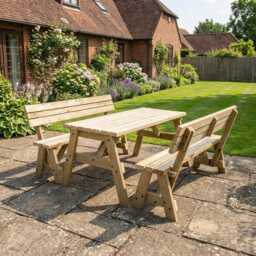 Solid Wood Garden Table With Back-Rest Benches - Victoria Range Heavy Duty 2-10 Seater Picnic Set Treated Timber Outdoor Dining - thumbnail 1