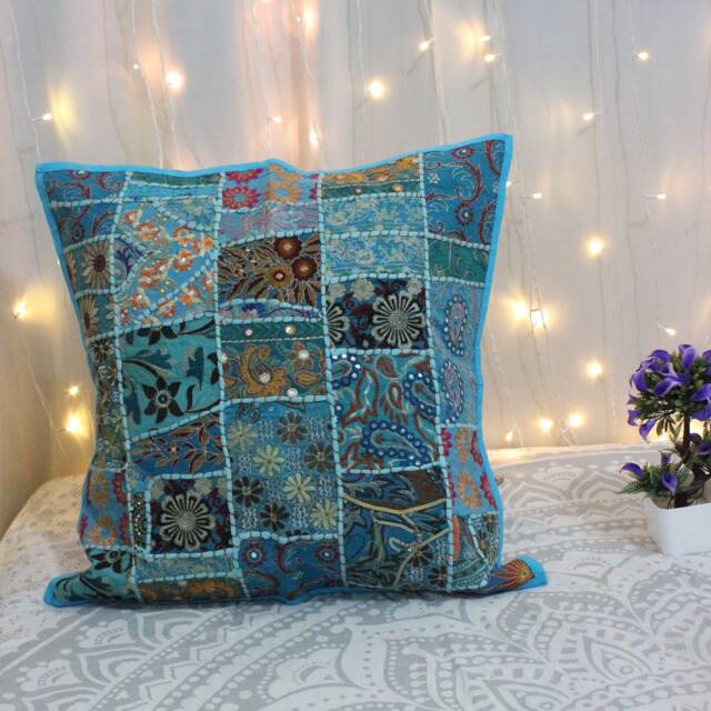 Blue Patchwork Pillow Cover Vintage Embroidered Boho Accent - image 1