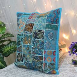 Blue Patchwork Pillow Cover Vintage Embroidered Boho Accent - thumbnail 3