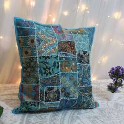 Blue Patchwork Pillow Cover Vintage Embroidered Boho Accent - thumbnail 4