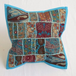 Blue Patchwork Pillow Cover Vintage Embroidered Boho Accent - thumbnail 2