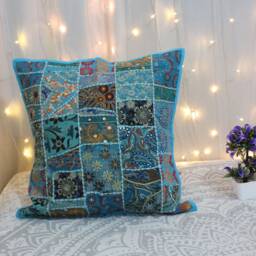 Blue Patchwork Pillow Cover Vintage Embroidered Boho Accent - thumbnail 1