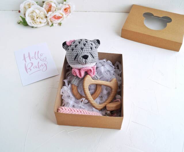 Wolf Baby Girl Congratulations Gift Box, Woodland Shower Set, First Toy, New Mom Basket, Pink - image 1