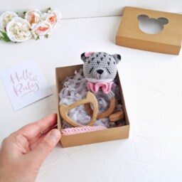 Wolf Baby Girl Congratulations Gift Box, Woodland Shower Set, First Toy, New Mom Basket, Pink - thumbnail 2