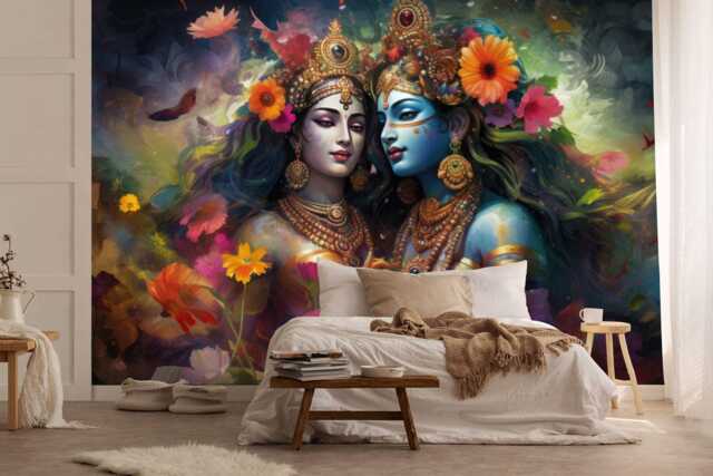 Radha Krishna Art Print, Divine Love Mural, Peel & Stick Wallpaper - image 1