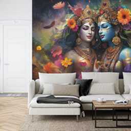 Radha Krishna Art Print, Divine Love Mural, Peel & Stick Wallpaper - thumbnail 2