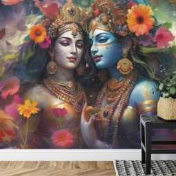 Radha Krishna Art Print, Divine Love Mural, Peel & Stick Wallpaper - thumbnail 3