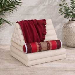Kapok Thai Small Bolster Cushion - Red & Burgundy Pattern Design. Lumber Support. Bedroom, Yoga, Meditation Studio. Cushions - thumbnail 1