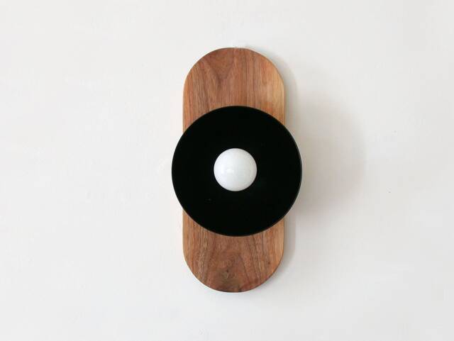 Mid Century Modern Oval Walnut & Black Dome Shade Fixture Light Wooden Sconce Entry - image 1