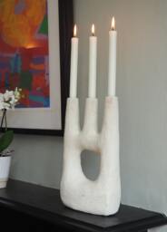 Clearance Sale Moroccan Unglazed Tamegroute Abstract White Ecru Picasso Sculpture Triple Candlestick Holder
