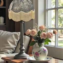 Silver Grey Paisley Print Fabric Lampshade With Cream Fringe Handmade For Table & Floor Standard Lamp Shades, Ceiling Lights - thumbnail 2