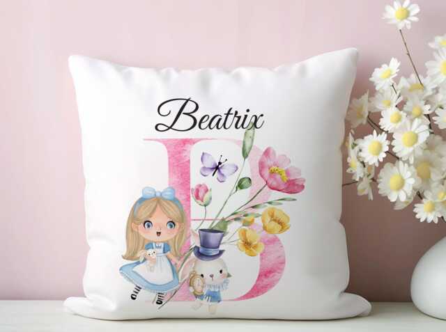 Personalised Alice in Wonderland Keepsake Initial Cushion Unique Kids Gift Pillow With Basket - image 1