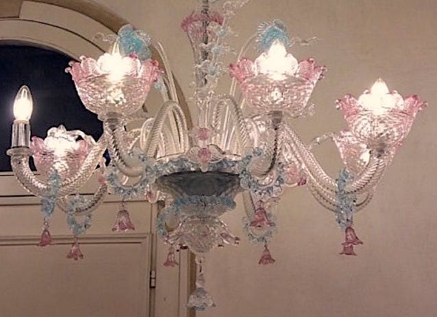 Ca'rezzonico Chandelier With 4 Or More Lights, Diameter 90 cm X 100 in Height, Transparent Pink & Blue
