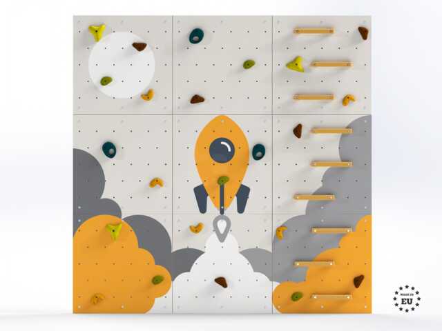 Kids Climbing Wall - Rock Indoor Play For Room Yellow Light Rocket Design, Custom Made, Holds Included - image 1