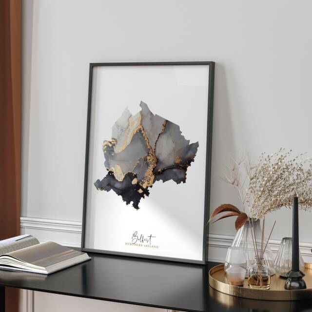 Belfast Map Black & Gold Wall Art Print - Northern Ireland United Kingdom Great Britain - image 1