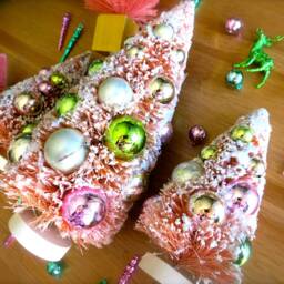 Pink Flocked Bottle Brush Valentine's Tree with Bulbs-9 Inch Brush-Large Retro Christmas Tree-Retro Shiny Brite Ornaments-Girl Holiday - thumbnail 3