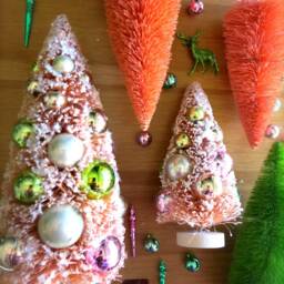 Pink Flocked Bottle Brush Valentine's Tree with Bulbs-9 Inch Brush-Large Retro Christmas Tree-Retro Shiny Brite Ornaments-Girl Holiday - thumbnail 2