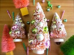 Pink Flocked Bottle Brush Christmas Tree with Bulbs-9 Inch Brush-Large Retro Tree-Retro Shiny Brite Ornaments-Girl Holiday