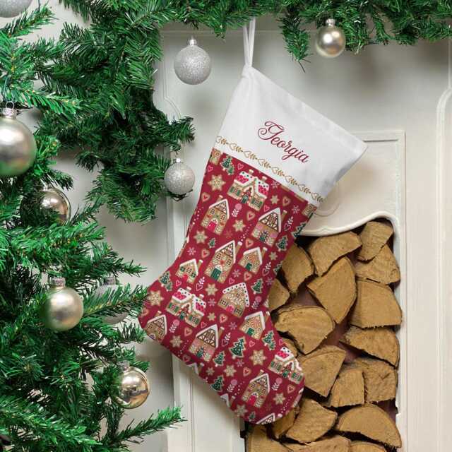 Personalised Christmas Stocking - Red Gingerbread House Design - Large - image 1