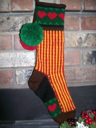 Hand Knit Christmas Stocking in Gold Red Vertical Stripe Heart Ornate Border From Santa's Works