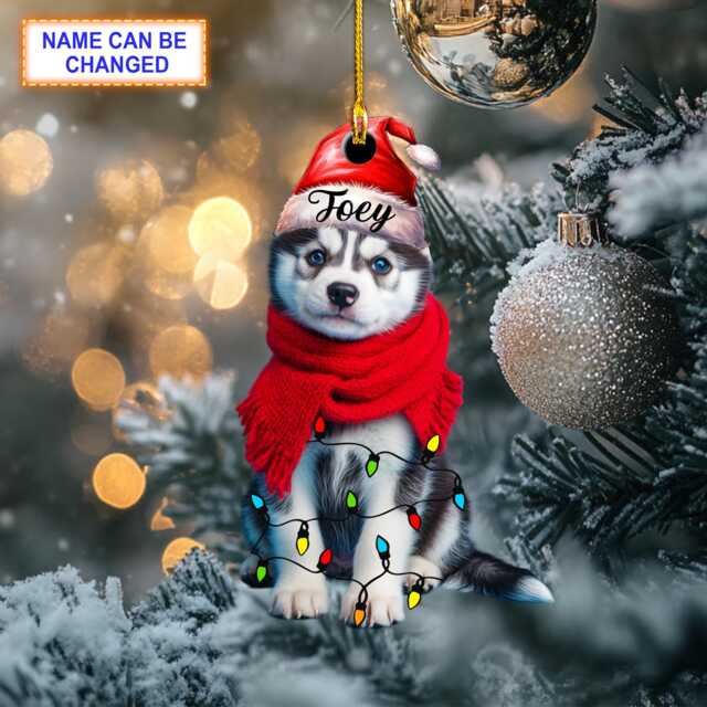 Custom Name Cute Sitting Husky Dog With Santa Hat Christmas Lights Ornament, Tree Hanging Decor, Flat 2D Ornament - image 1