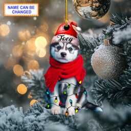 Custom Name Cute Sitting Husky Dog With Santa Hat Christmas Lights Ornament, Tree Hanging Decor, Flat 2D Ornament