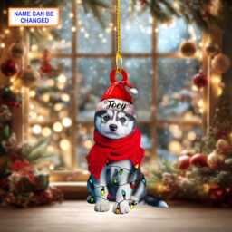 Custom Name Cute Sitting Husky Dog With Santa Hat Christmas Lights Ornament, Tree Hanging Decor, Flat 2D Ornament - thumbnail 2