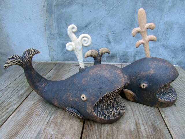 Ceramic Whale Sculptures With Ceramic Or Hand Carved Wooden Water Detail - image 1