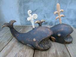 Ceramic Whale Sculptures With Ceramic Or Hand Carved Wooden Water Detail