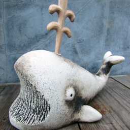Ceramic Whale Sculptures With Ceramic Or Hand Carved Wooden Water Detail - thumbnail 3