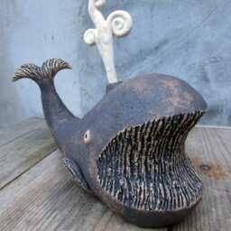 Ceramic Whale Sculptures With Ceramic Or Hand Carved Wooden Water Detail - thumbnail 4