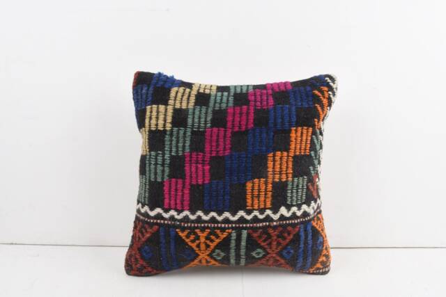 Vintage Turkish Kilim Pillow Cover Handwoven Wool Cushion - 16x16 - image 1