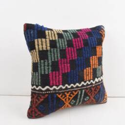 Vintage Turkish Kilim Pillow Cover Handwoven Wool Cushion - 16x16 - thumbnail 2