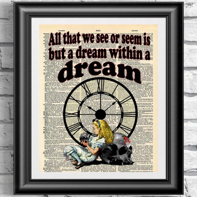 Art Print On Dictionary Book Page Alice in Wonderland. Gothic Steampunk Dream Quotation Antique Print. Dark Artwork Quote - image 1