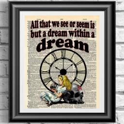 Art Print On Dictionary Book Page Alice in Wonderland. Gothic Steampunk Dream Quotation Antique Print. Dark Artwork Quote - thumbnail 1